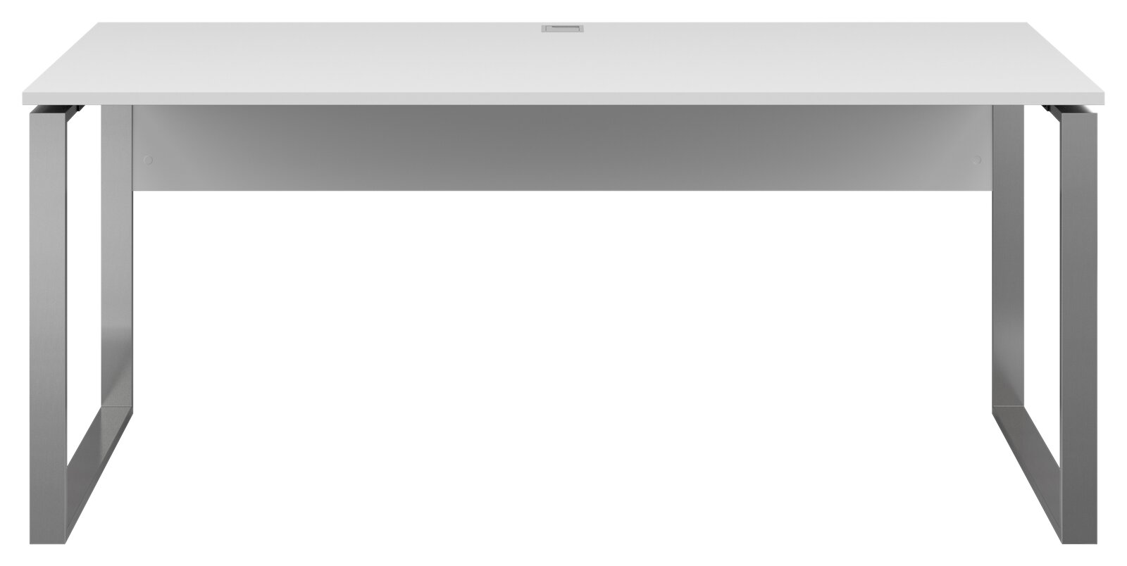 Voleo Schreibtisch NEVADA Moderner Schreibtisch mit weißer Tischplatte und silbernen Metallbeinen, Frontalansicht.