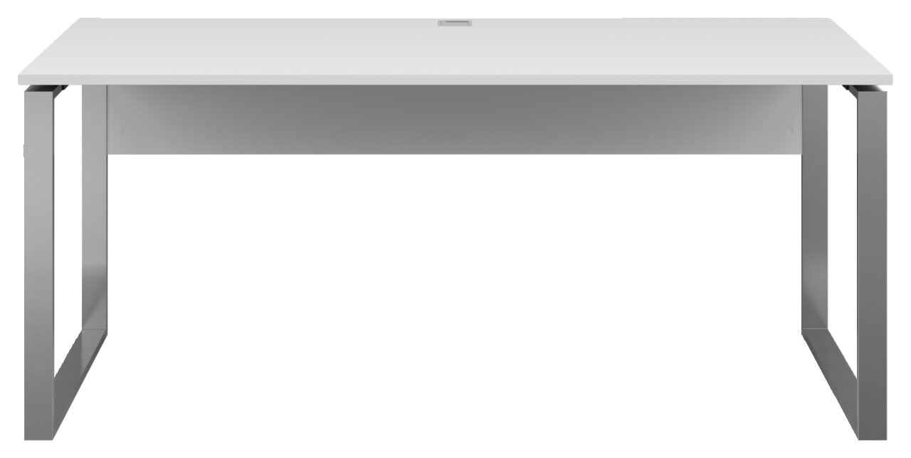 Voleo Schreibtisch NEVADA Moderner Schreibtisch mit weißer Tischplatte und silbernen Metallbeinen, Frontalansicht.