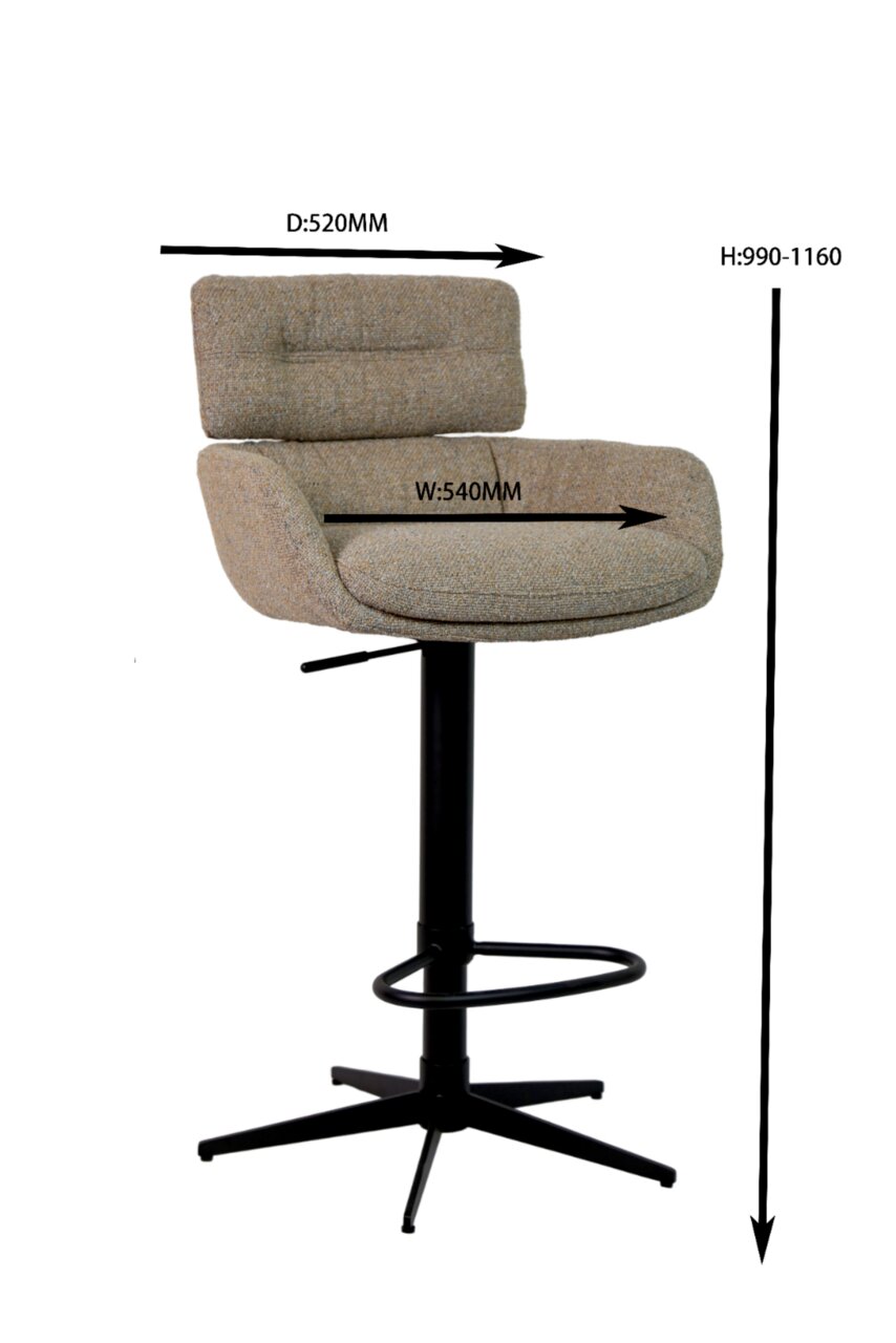 Barhocker mit verstellbarer Höhe, gepolstertem Sitz und Rückenlehne, in seitlicher Perspektive.