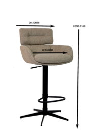 Barhocker mit verstellbarer Höhe, gepolstertem Sitz und Rückenlehne, in seitlicher Perspektive.