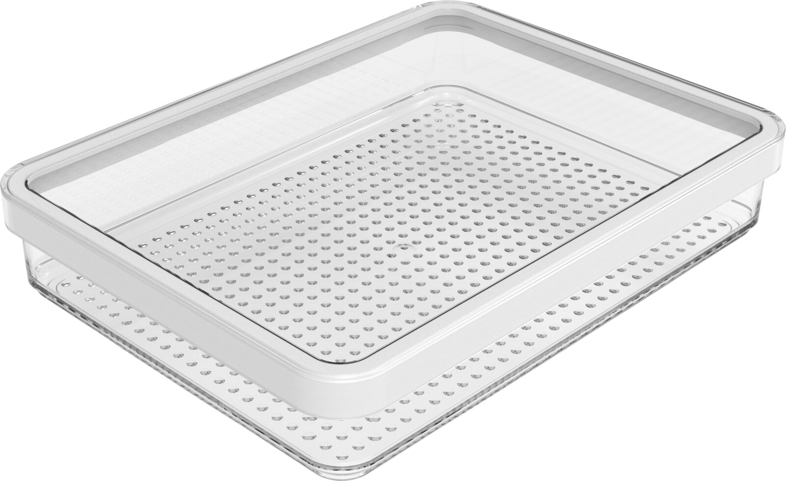 Transparenter, rechteckiger Aufbewahrungsbehälter mit Deckel und gelochtem Einsatz, in schräger Ansicht von oben auf weißem Hintergrund
