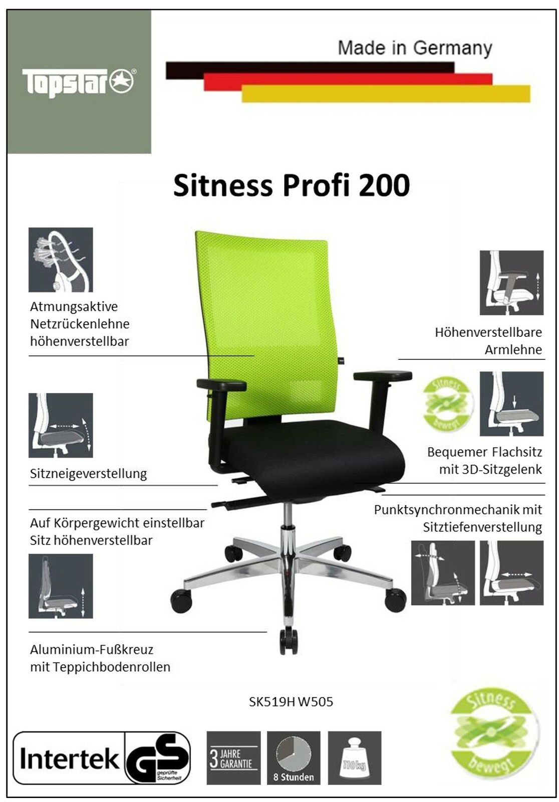 Bürostuhl mit atmungsaktiver Netzrückenlehne, höhenverstellbaren Armlehnen und Aluminium-Fußkreuz, Vorderansicht