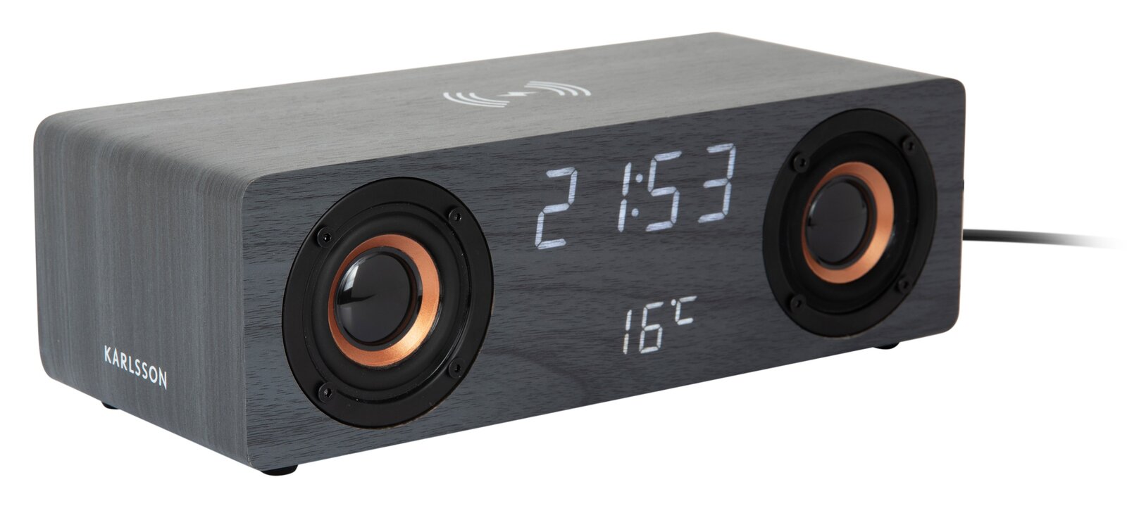 Radiowecker mit BT-Speaker in Holzoptik, zeigt Uhrzeit und Temperatur an, seitliche Perspektive