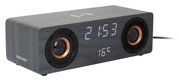 Wekkerradio met Bluetooth-luidspreker in houtlook, geeft de tijd en temperatuur weer, zijaanzicht