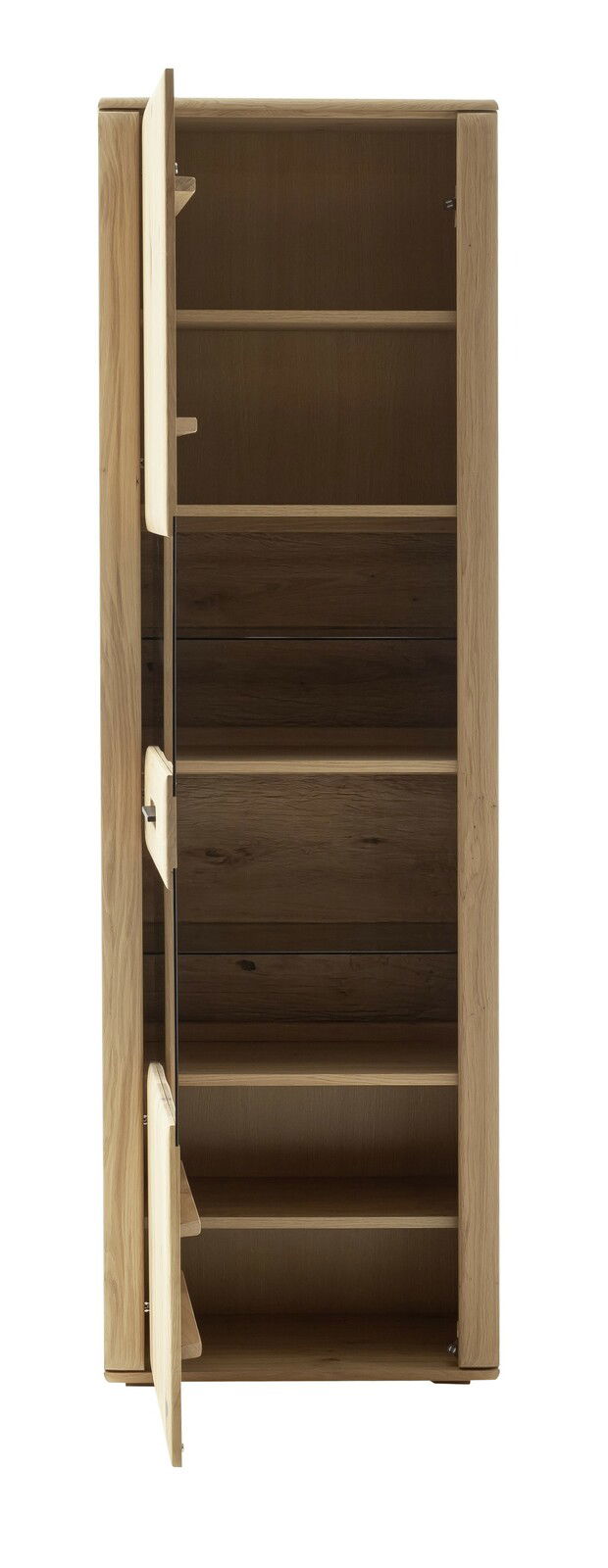 Holzvitrine mit mehreren Regalböden, teilweise geöffnete Türen, Frontalansicht