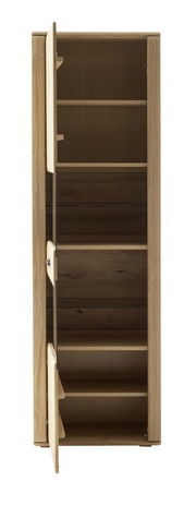 Holzvitrine mit mehreren Regalböden, teilweise geöffnete Türen, Frontalansicht