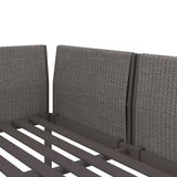 Rückansicht eines 2-Sitzer Sofas mit grauem Stoffbezug und Metallrahmen.