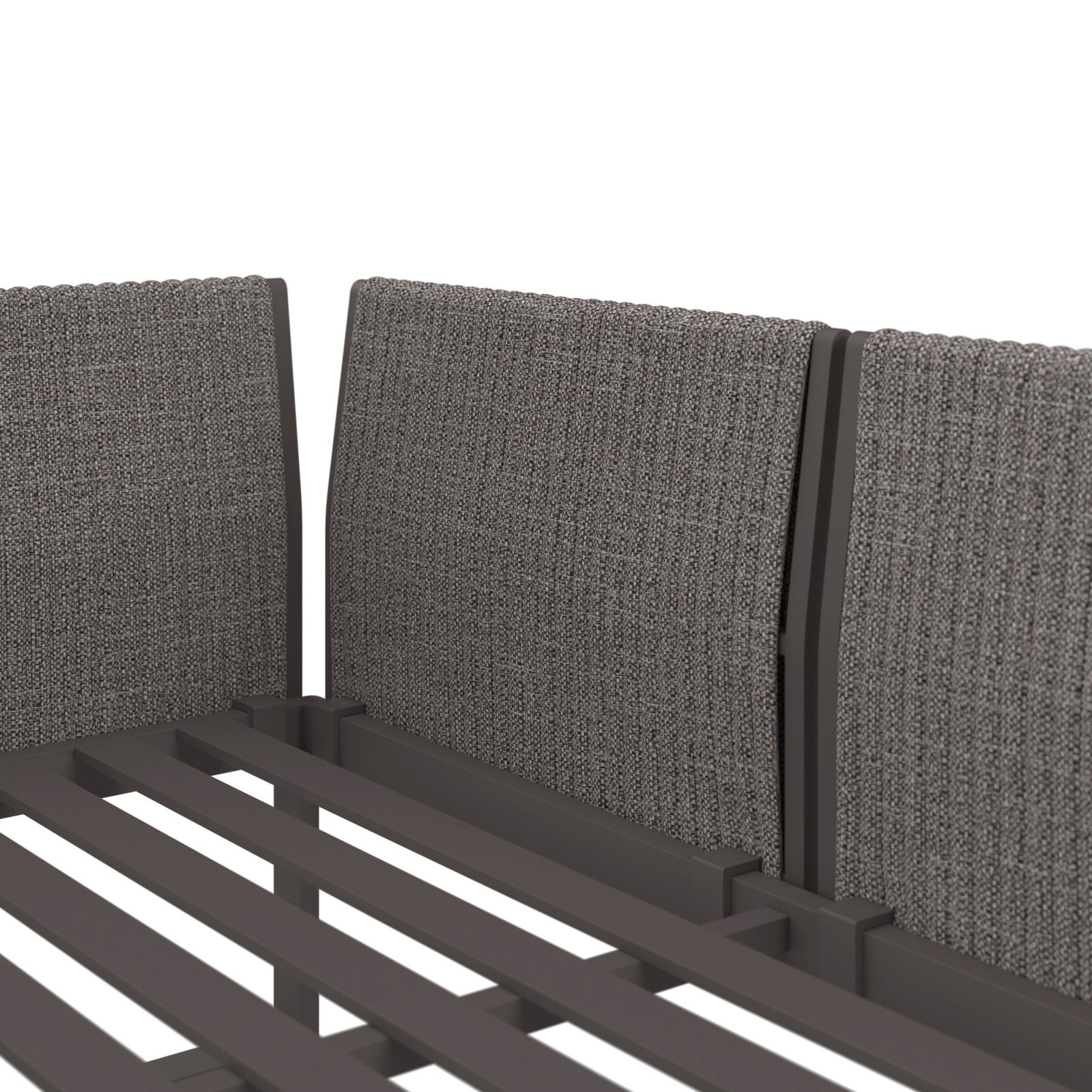 Rückansicht eines 2-Sitzer Sofas mit grauem Stoffbezug und Metallrahmen.