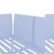 Rückansicht eines 2-Sitzer Sofas mit grauem Stoffbezug und Metallrahmen.