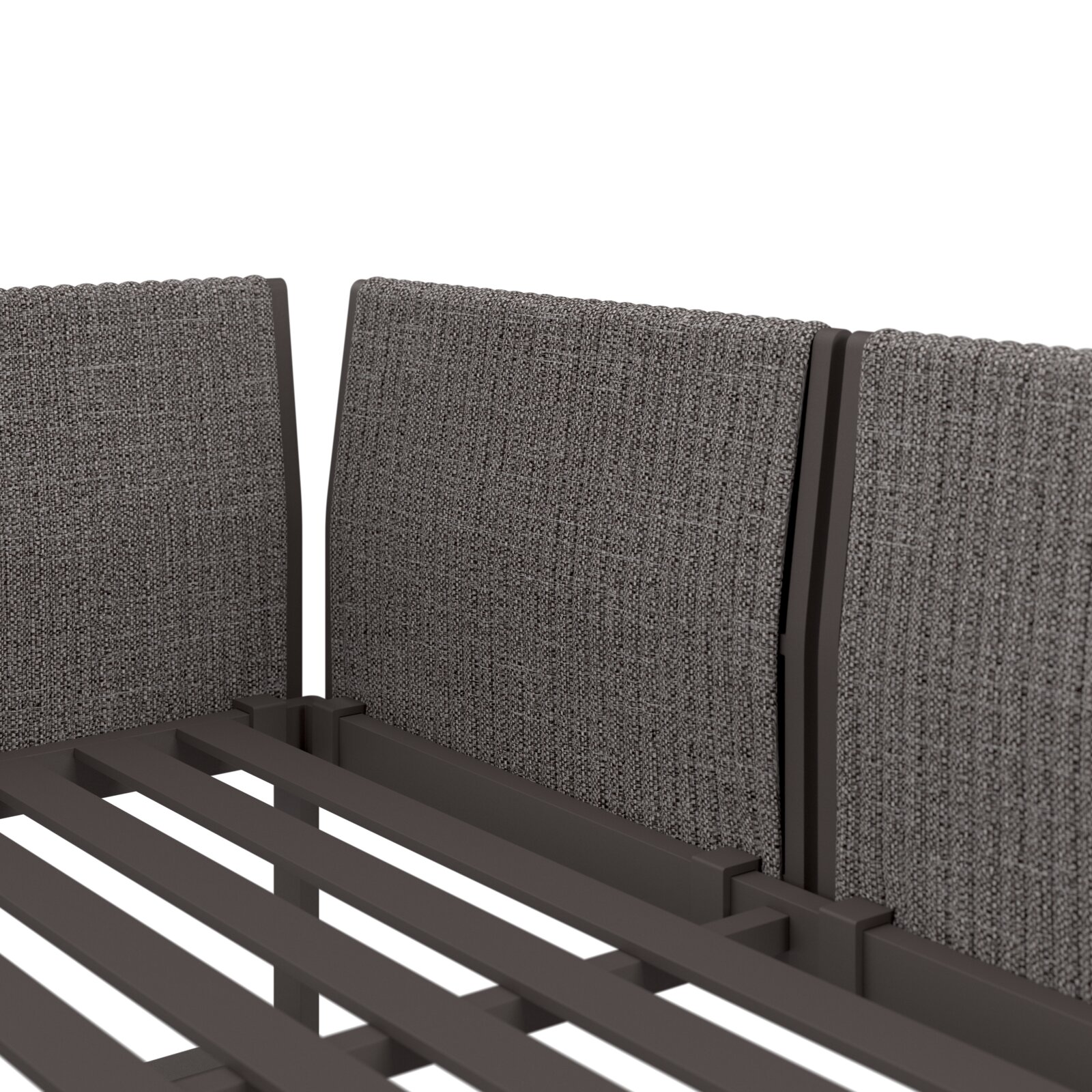 Rückansicht eines 2-Sitzer Sofas mit grauem Stoffbezug und Metallrahmen.