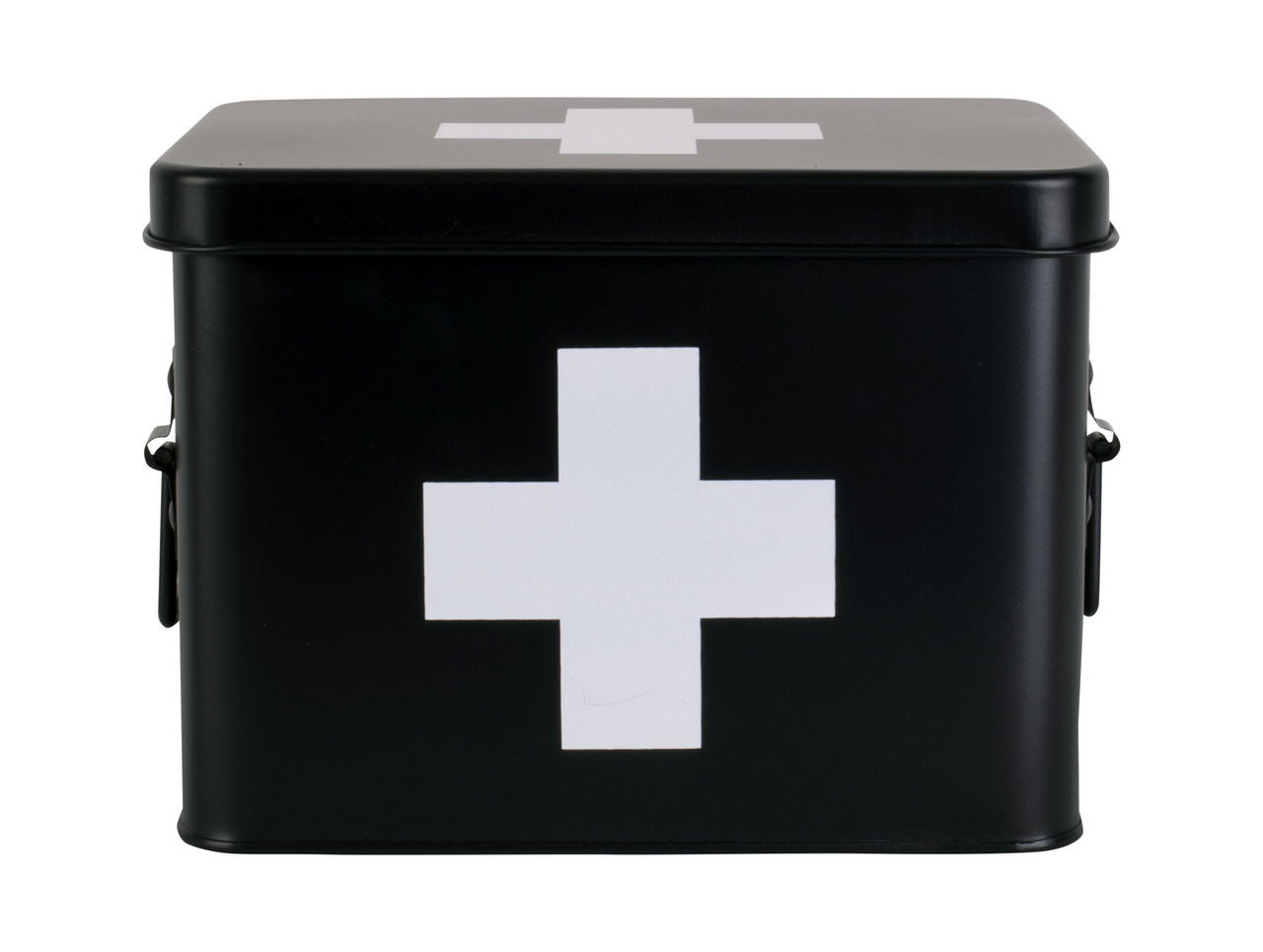 Schwarze Aufbewahrungsbox mit weißem Kreuz auf der Vorderseite, frontal abgebildet.