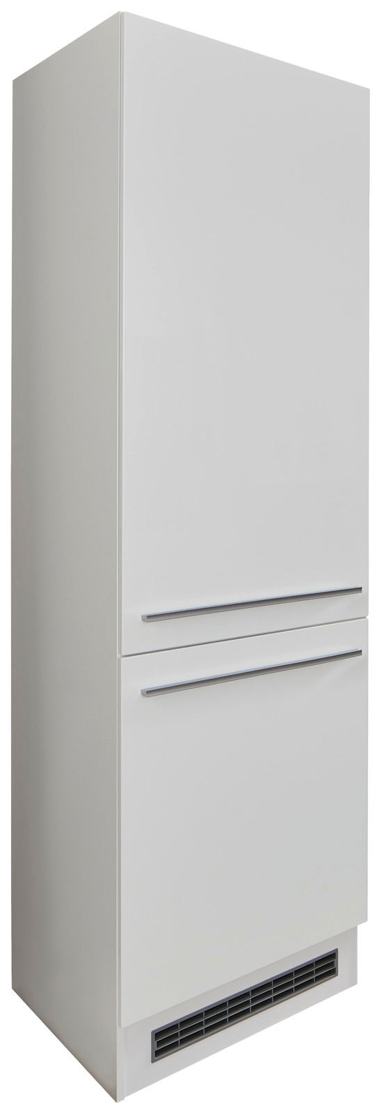 Yourkitchen Kühlschrankumbau JAZZ Weißer Kühlschrankumbau, seitliche Perspektive, mit zwei Schubladen und Lüftungsgitter unten.