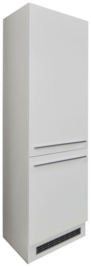 Weißer Kühlschrankumbau, seitliche Perspektive, mit zwei Schubladen und Lüftungsgitter unten.