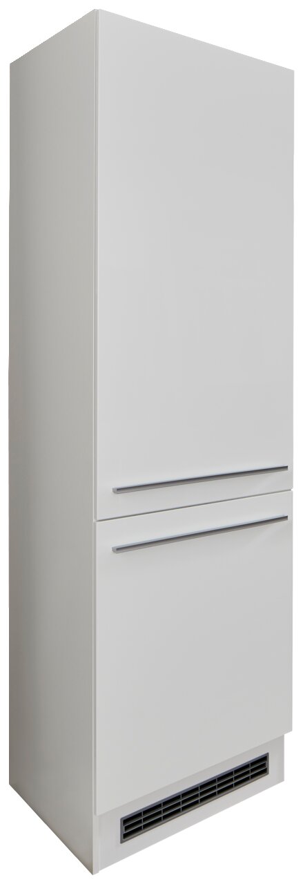 Yourkitchen Kühlschrankumbau JAZZ Weißer Kühlschrankumbau, seitliche Perspektive, mit zwei Schubladen und Lüftungsgitter unten.