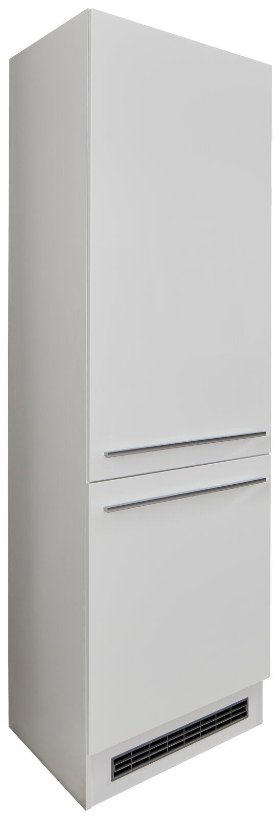 Yourkitchen Kühlschrankumbau JAZZ Weißer Kühlschrankumbau, seitliche Perspektive, mit zwei Schubladen und Lüftungsgitter unten.