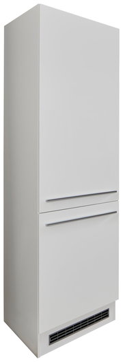 Weißer Kühlschrankumbau, seitliche Perspektive, mit zwei Schubladen und Lüftungsgitter unten.