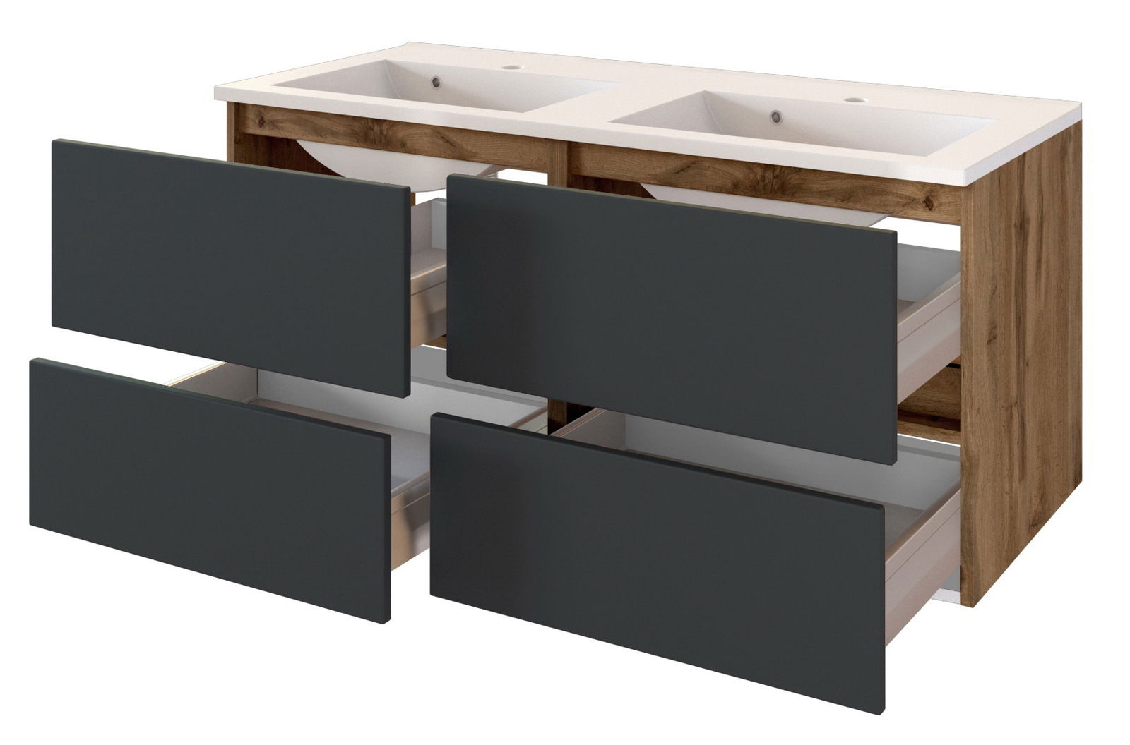 XORA Waschplatz LUCCA Moderner Waschplatz mit zwei Waschbecken, Holzoptik und vier offenen Schubladen, seitliche Perspektive