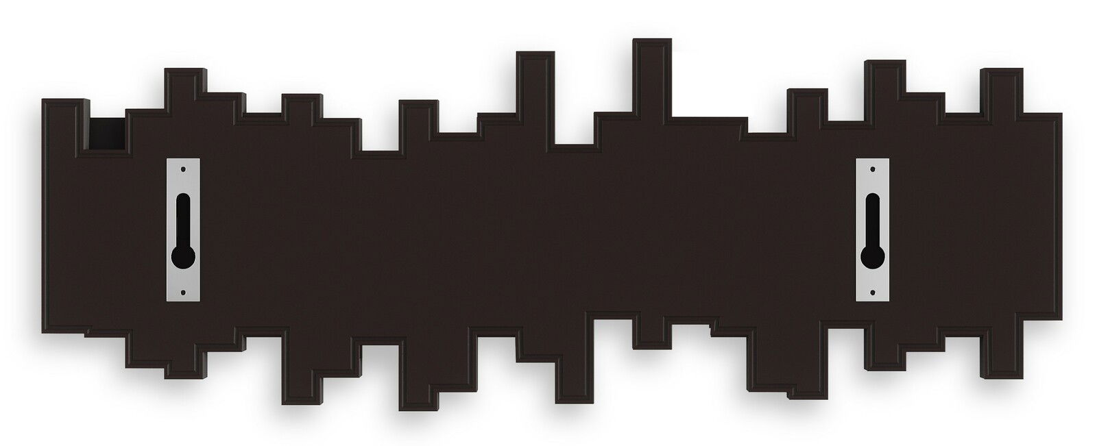 Vorderansicht einer modernen, dunkelbraunen Wandgarderobe mit geometrischem Design und zwei Befestigungspunkten.