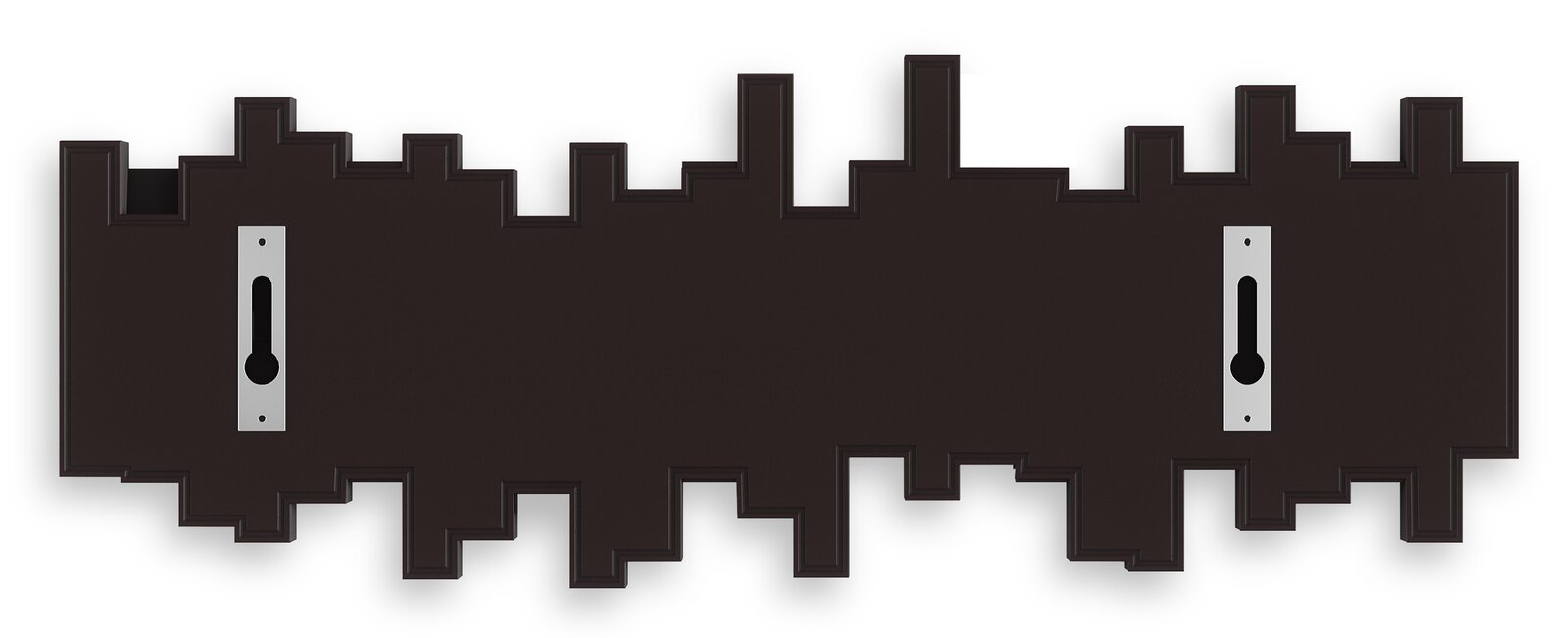 Vorderansicht einer modernen, dunkelbraunen Wandgarderobe mit geometrischem Design und zwei Befestigungspunkten.