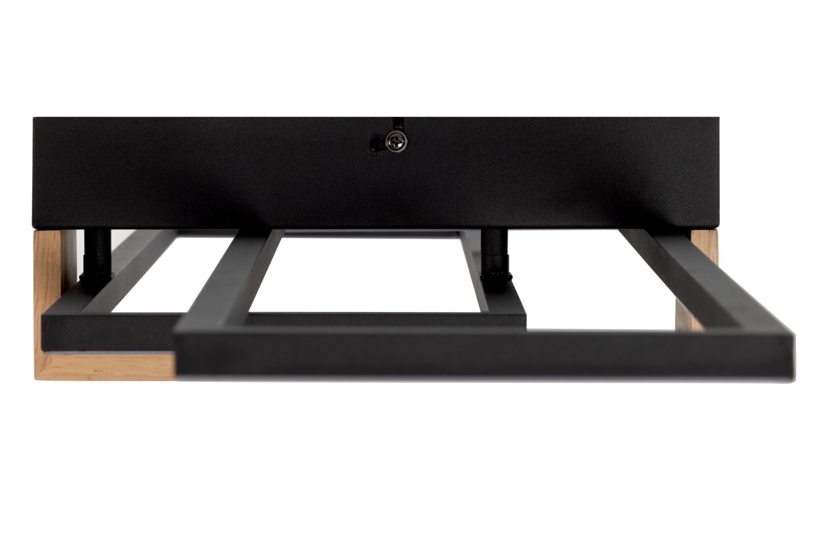 Moderne LED-Deckenleuchte in Schwarz mit Holzdetails, seitliche Perspektive