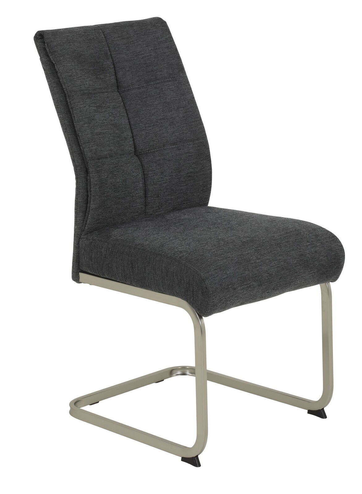 Moderner Schwingstuhl INES in dunklem Stoffbezug mit Metallgestell, seitliche Perspektive