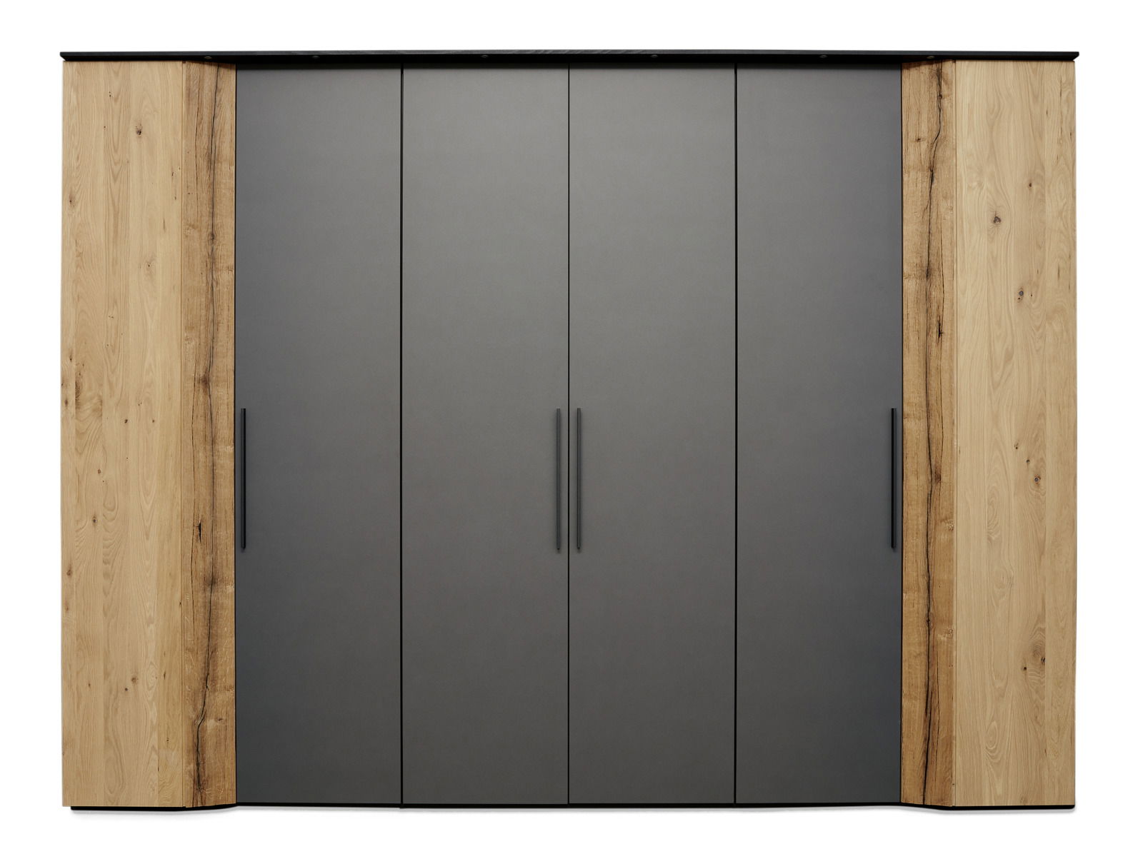 Moderner Kleiderschrank mit grauen Türen und Holzseiten, Frontalansicht