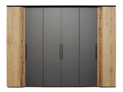 Moderner Kleiderschrank mit grauen Türen und Holzseiten, Frontalansicht