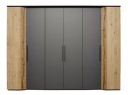 Moderner Kleiderschrank mit grauen Türen und Holzseiten, Frontalansicht
