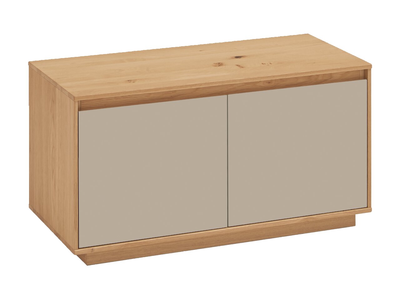 Garderobenbank aus Holz mit zwei Türen, seitliche Perspektive
