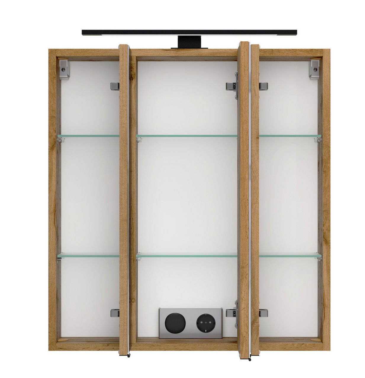 Spiegelschrank 60 cm mit Holzrahmen, geöffnete Türen, Glasregale und integrierte Steckdose, Frontalansicht