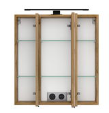 Spiegelschrank 60 cm mit Holzrahmen, geöffnete Türen, Glasregale und integrierte Steckdose, Frontalansicht