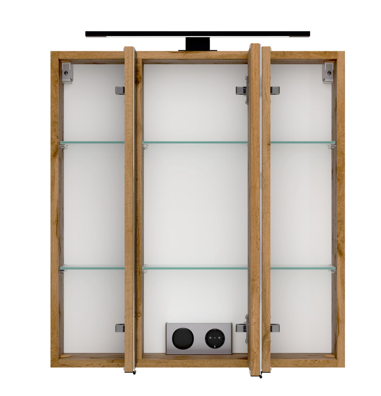 XORA Spiegelschrank 60 cm LIVERPOOL Spiegelschrank 60 cm mit Holzrahmen, geöffnete Türen, Glasregale und integrierte Steckdose, Frontalansicht
