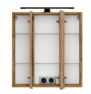 Spiegelschrank 60 cm mit Holzrahmen, geöffnete Türen, Glasregale und integrierte Steckdose, Frontalansicht