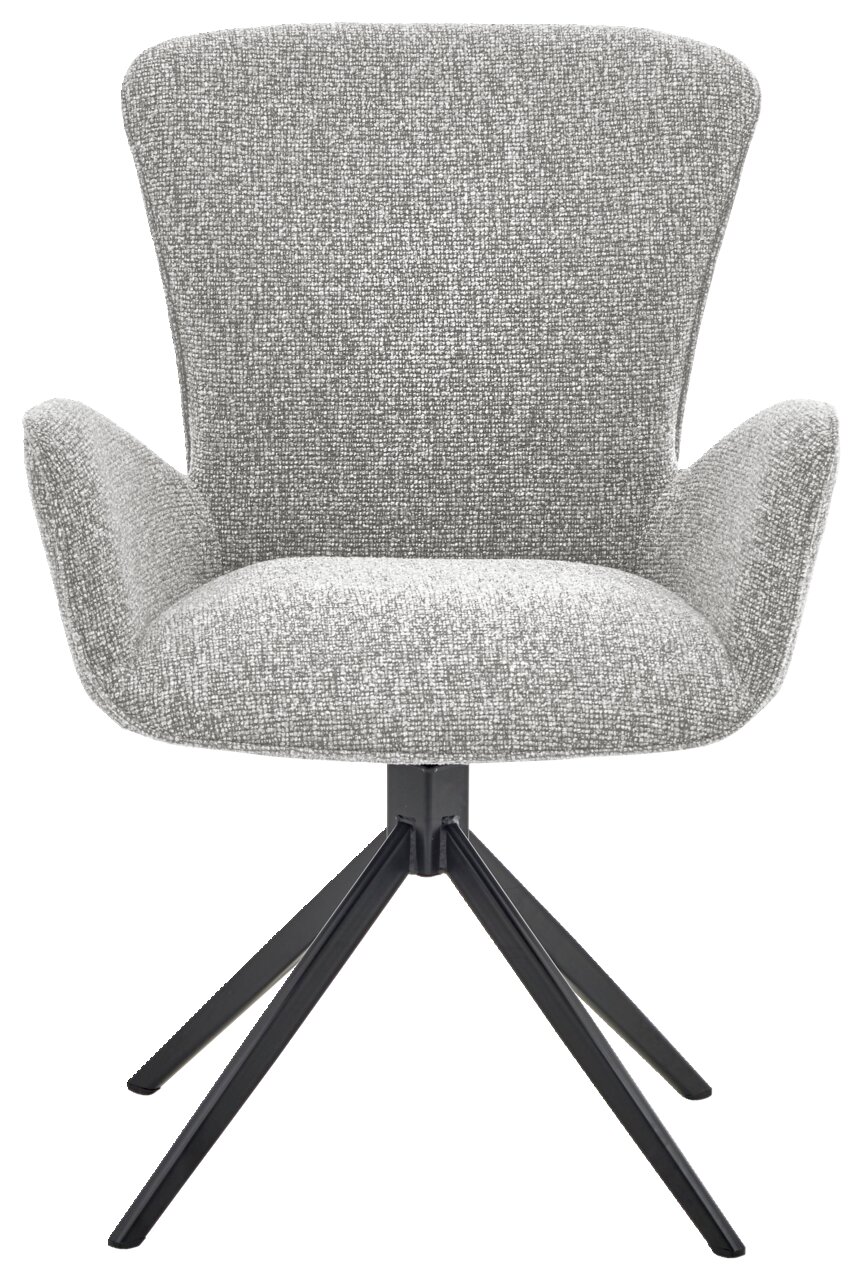 Grauer Armlehnstuhl mit Stoffbezug und schwarzem Metallgestell, Frontalansicht