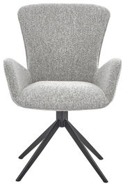 Grauer Armlehnstuhl mit Stoffbezug und schwarzem Metallgestell, Frontalansicht