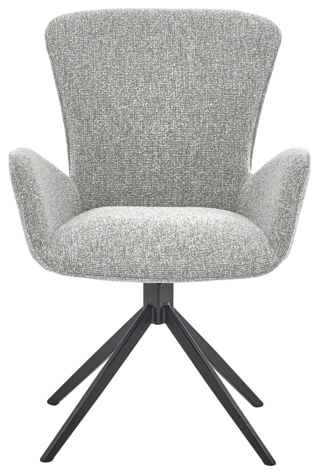 Grauer Armlehnstuhl mit Stoffbezug und schwarzem Metallgestell, Frontalansicht