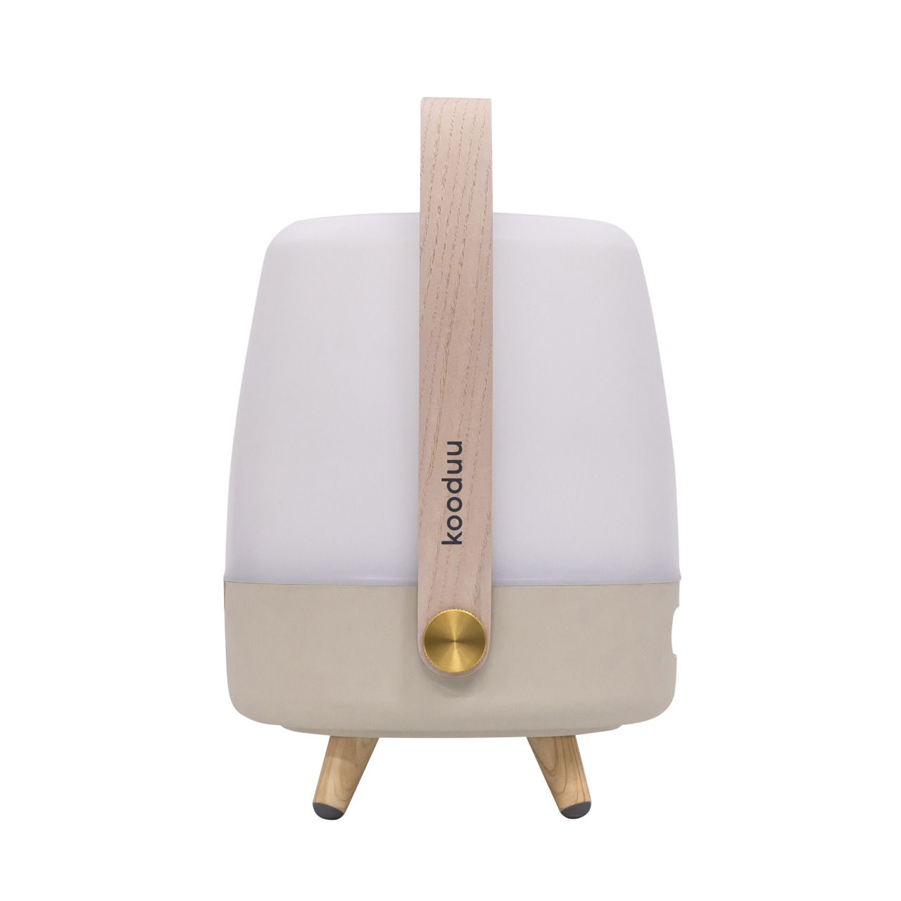 Frontansicht einer tragbaren Lampe mit Holzgriff und dreibeinigem Standfuß, Modell Lite-up Play Mini JBL Sand.