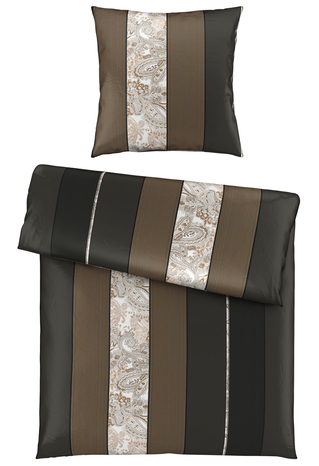 Bettwäsche-Set mit gestreiftem und floralem Muster in Braun- und Beigetönen, Draufsicht