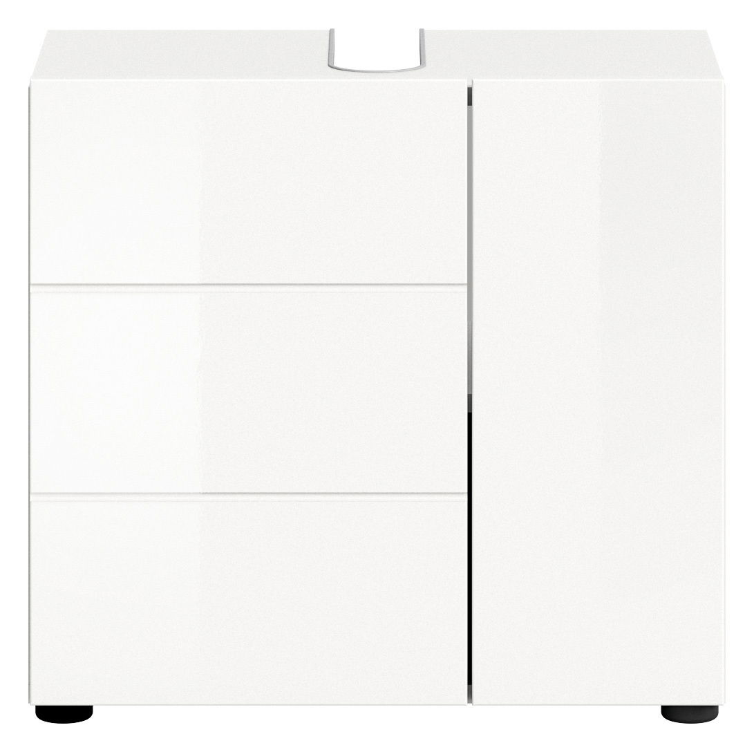 Weißer Waschbeckenunterschrank mit drei Schubladen und einer Tür, Frontalansicht