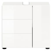 Weißer Waschbeckenunterschrank mit drei Schubladen und einer Tür, Frontalansicht