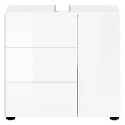 Weißer Waschbeckenunterschrank mit drei Schubladen und einer Tür, Frontalansicht