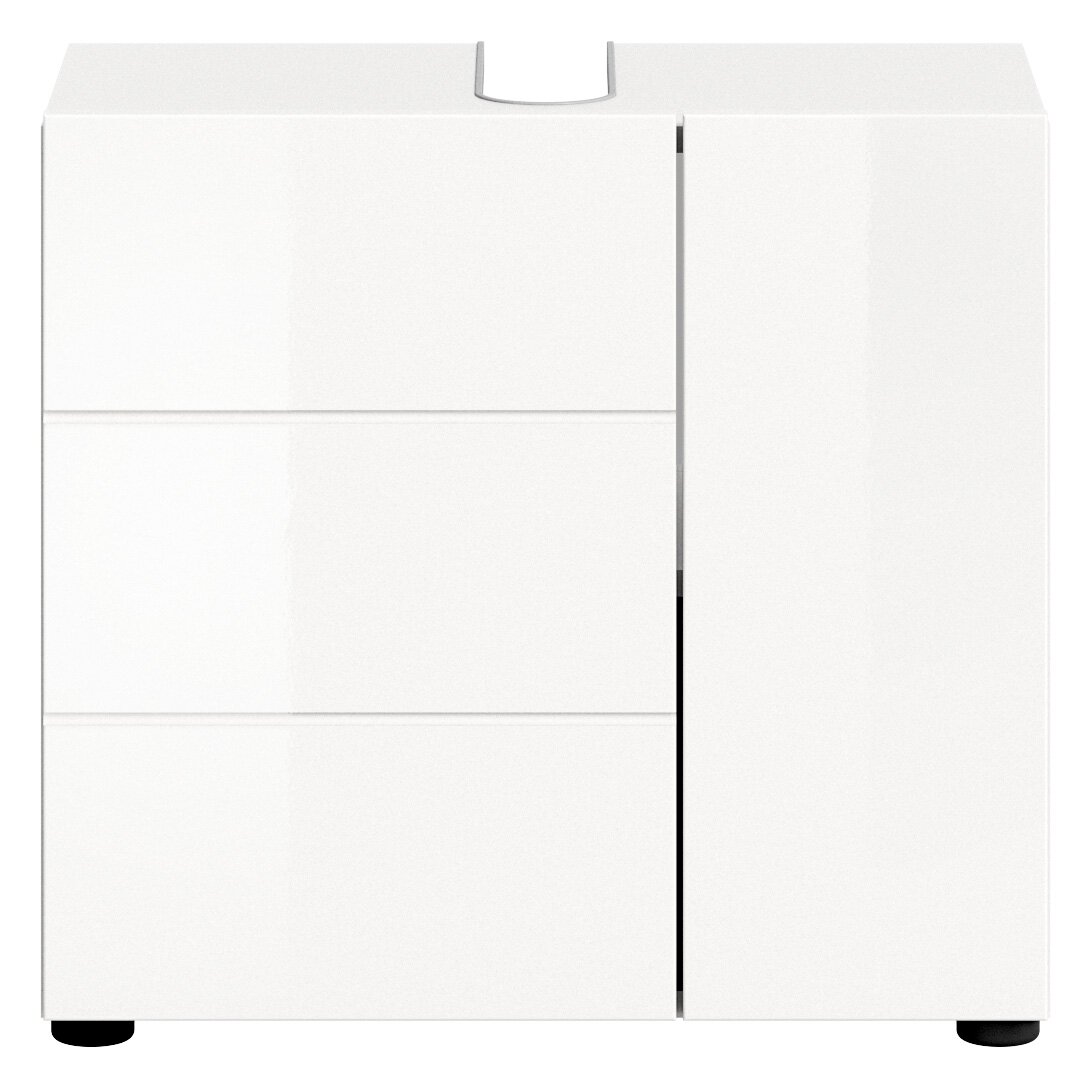 Weißer Waschbeckenunterschrank mit drei Schubladen und einer Tür, Frontalansicht