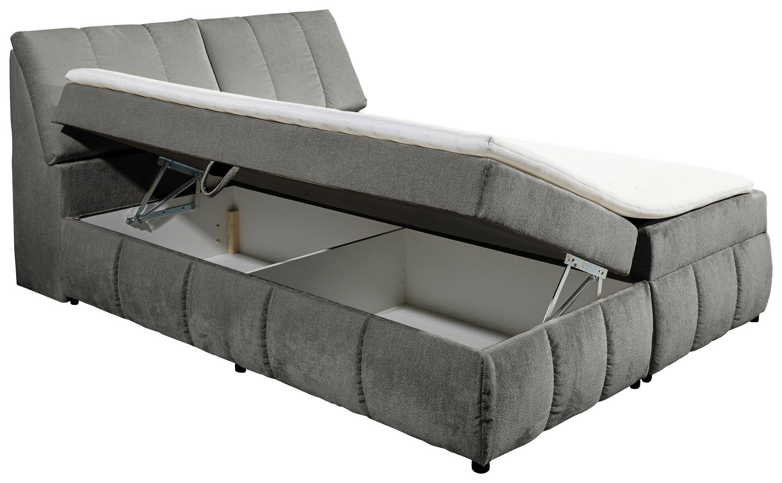 Graues Boxspringbett mit geöffnetem Stauraum, seitliche Perspektive