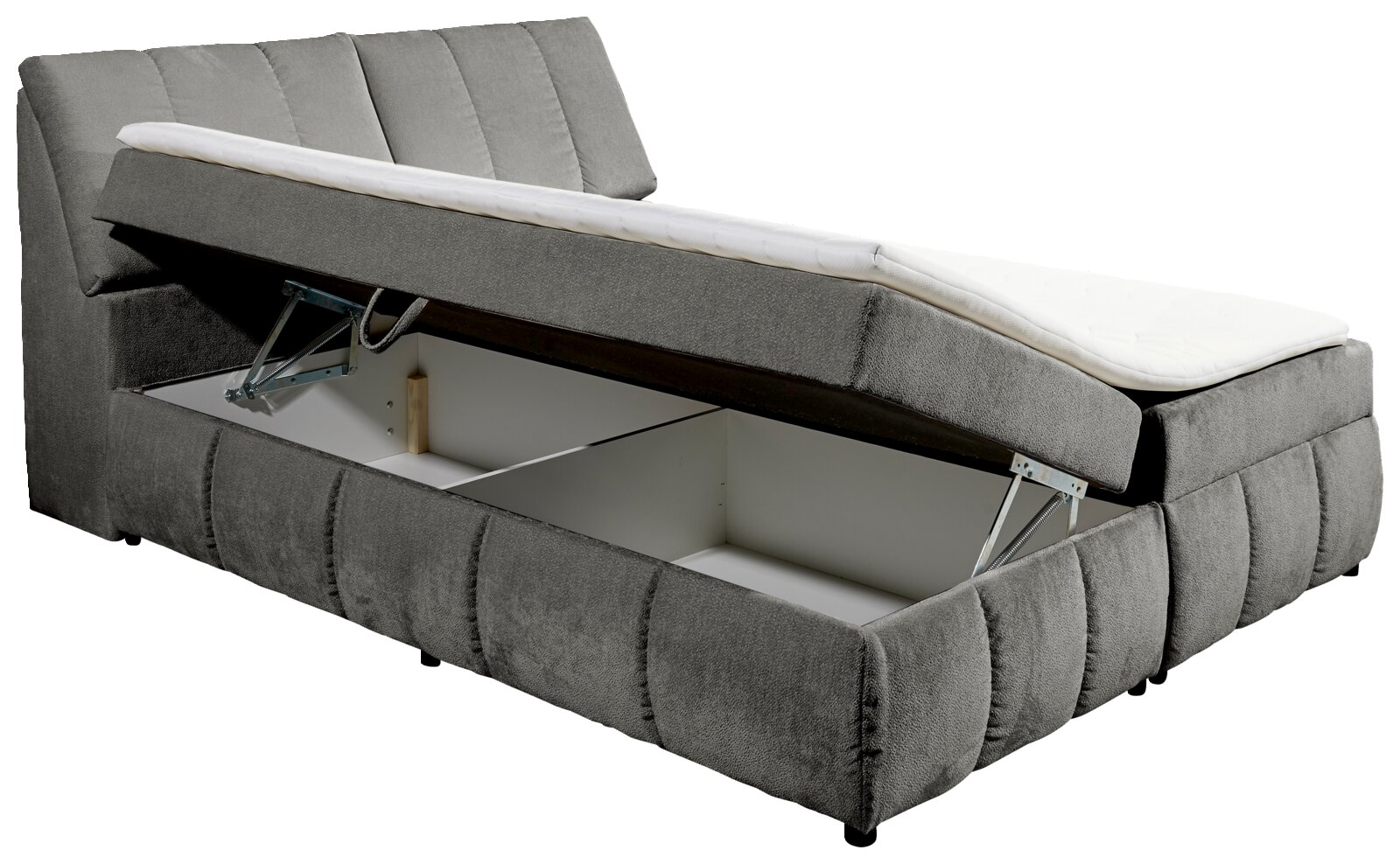 Graues Boxspringbett mit geöffnetem Stauraum, seitliche Perspektive