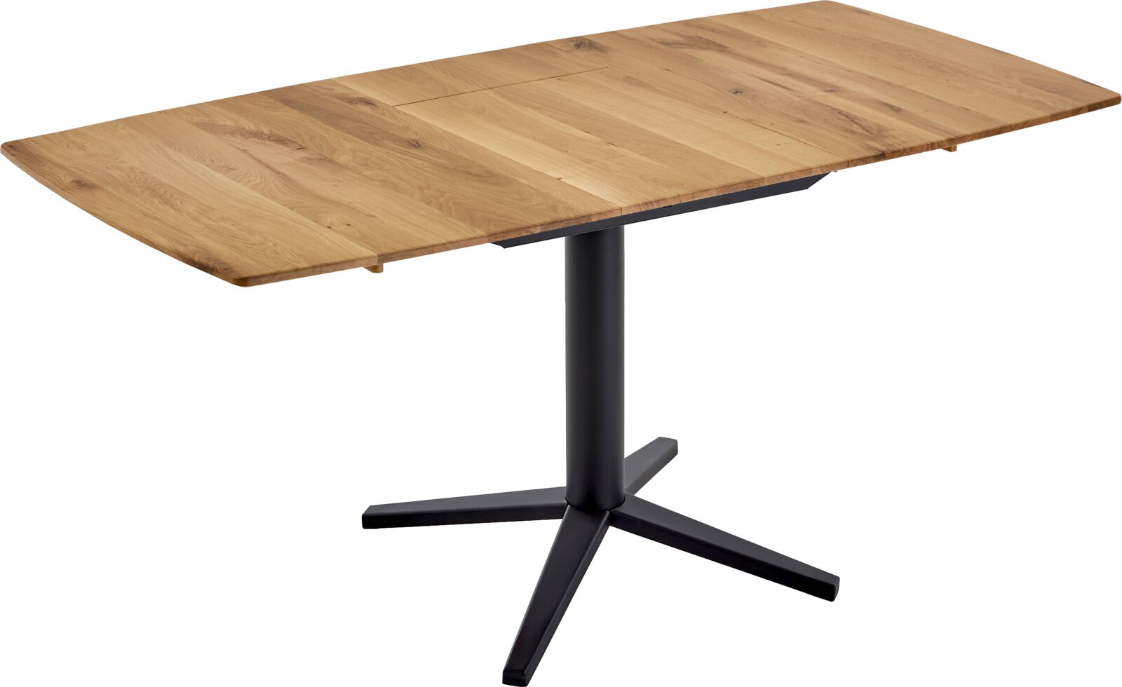 Valdera Eettafel TINY DINING Rechthoekige eettafel met een lichthouten blad in eikenlook en een zwarte metalen voet met kruisvoet, schuin van bovenaf in perspectief op een witte achtergrond