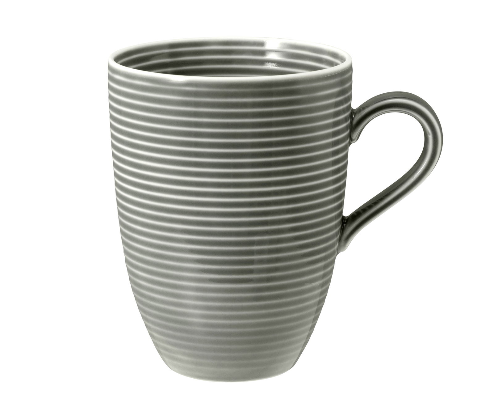 Grauer Kaffeebecher mit Henkel, 0,35l, mit horizontalen Streifen, seitliche Perspektive