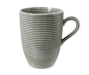 Grauer Kaffeebecher mit Henkel, 0,35l, mit horizontalen Streifen, seitliche Perspektive