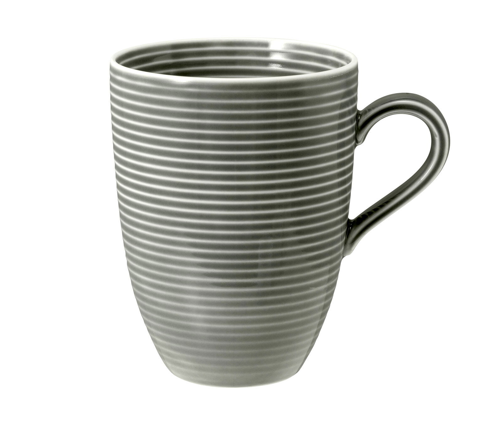 Grauer Kaffeebecher mit Henkel, 0,35l, mit horizontalen Streifen, seitliche Perspektive