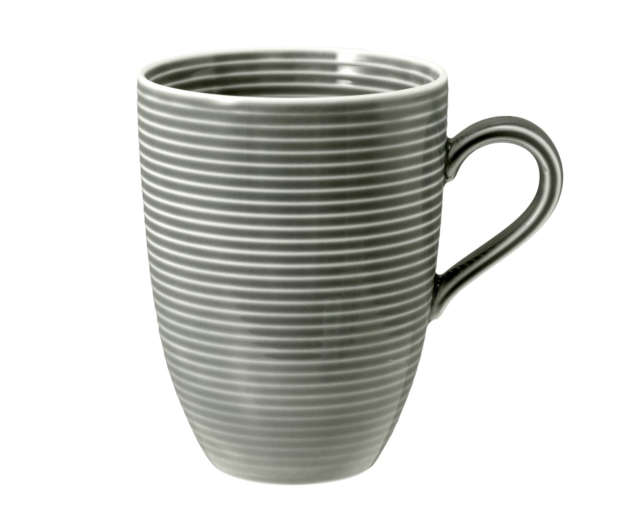 Grauer Kaffeebecher mit Henkel, 0,35l, mit horizontalen Streifen, seitliche Perspektive
