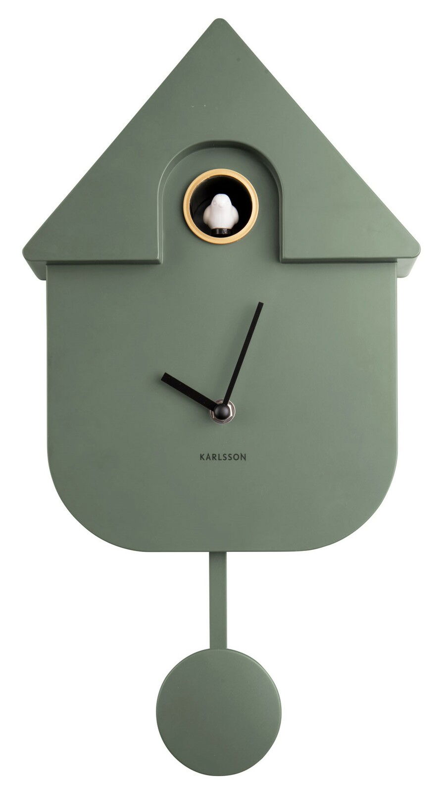 Grüne Wanduhr in Form eines Vogelhauses mit Pendel und Kuckucksvogel, frontal abgebildet.